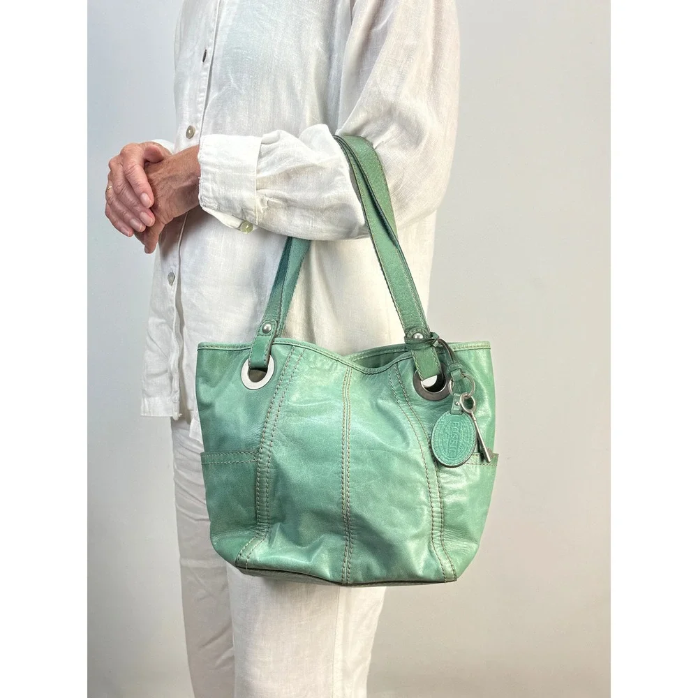 Fossil Teal Hathaway Leather Shoulder Bag Tote Key Charm ZB9385